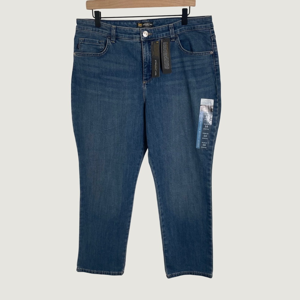 Lee Straight Leg Jeans Women 16 Petite Blue Instantly Slims High Rise Relaxed